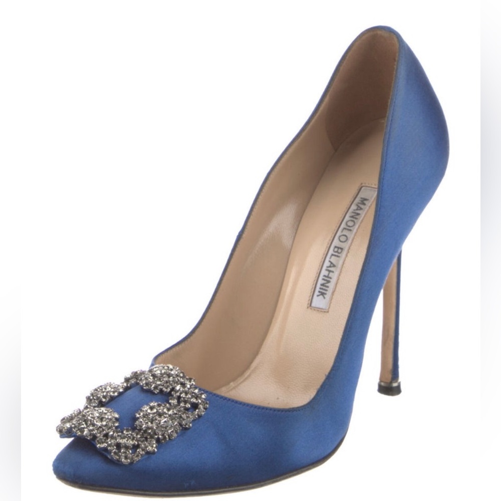Manolo Blahnik Blue Satin Heels with Crystal Embellishment
